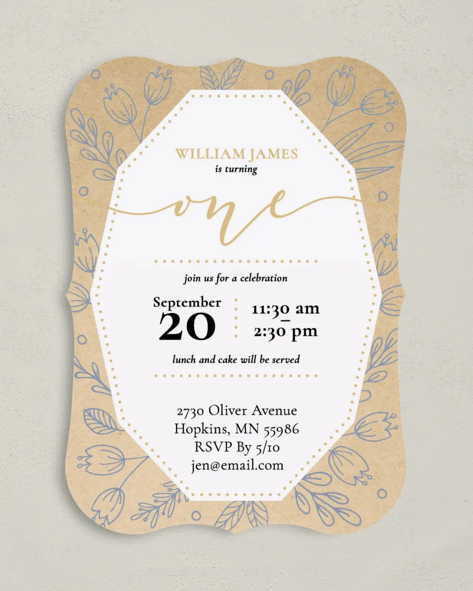 This is a 5" x 7" Birthday Party Invitation called Whimsical One printed in full color with Gold foil on Luxe Satin (coated) paper