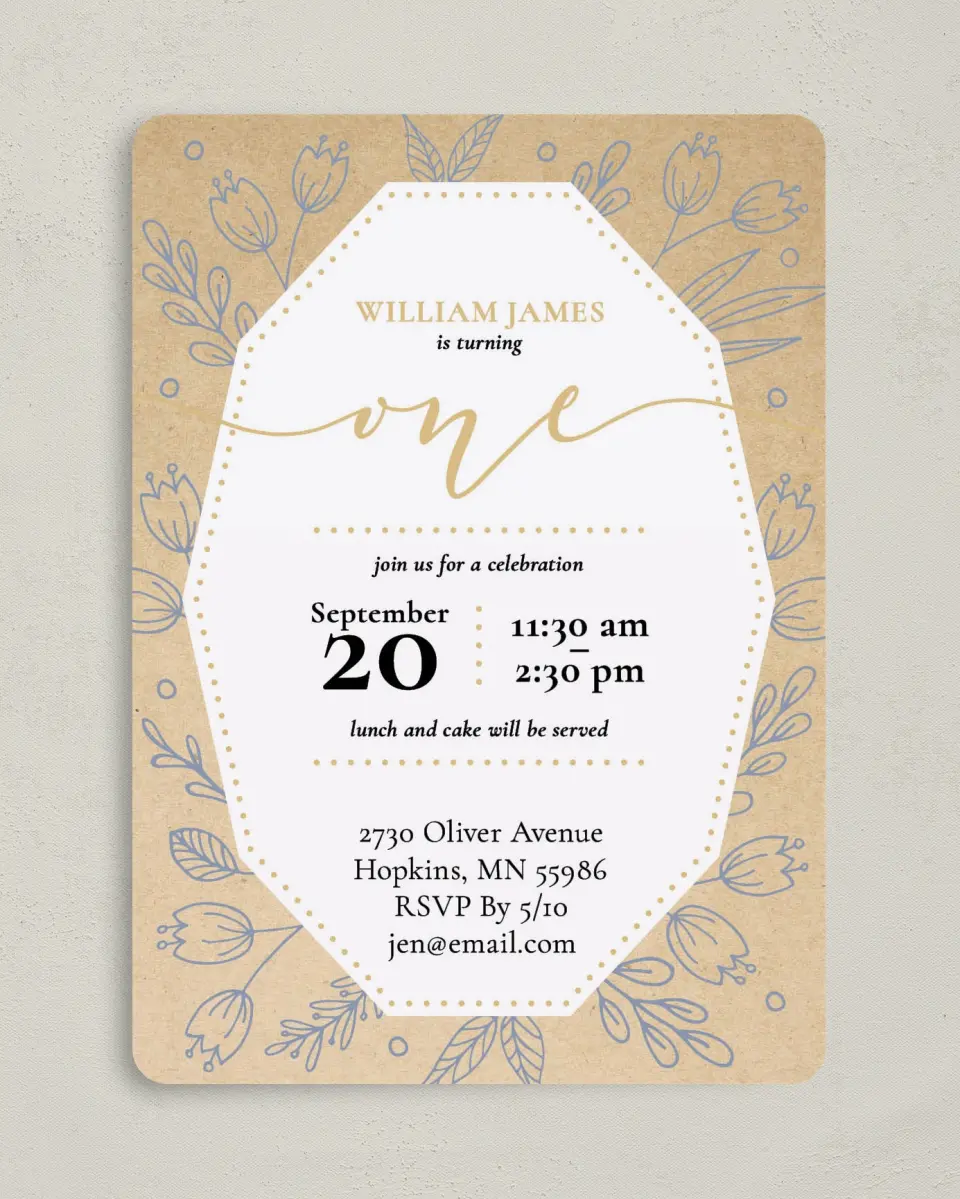 This is a 5" x 7" Birthday Party Invitation called Whimsical One printed in full color on Premium Smooth paper