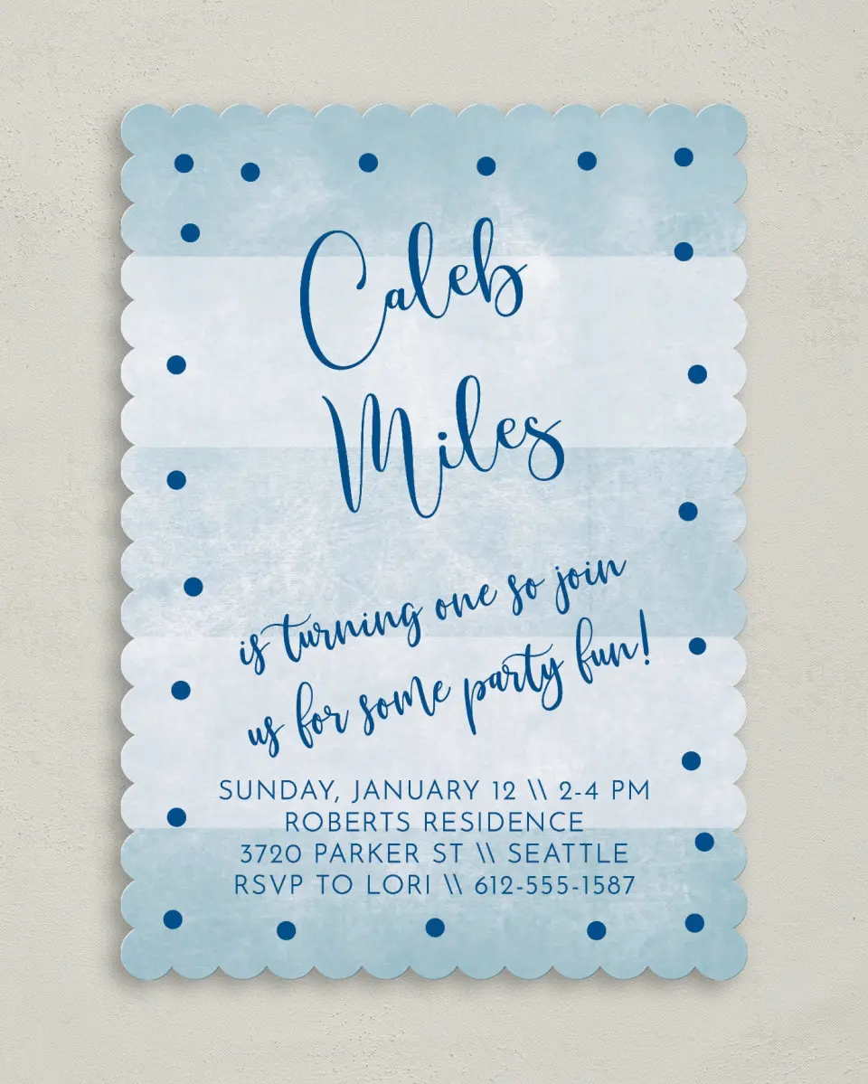 This is a 5" x 7" Birthday Party Invitation called Striped Wonder printed in full color on Premium Smooth paper