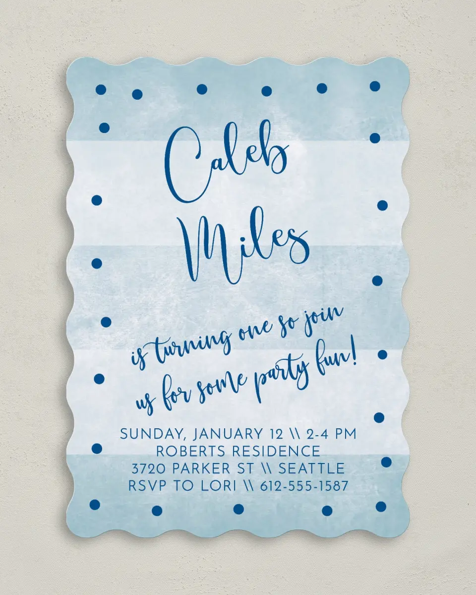 This is a 5" x 7" Birthday Party Invitation called Striped Wonder printed in full color on Premium Smooth paper