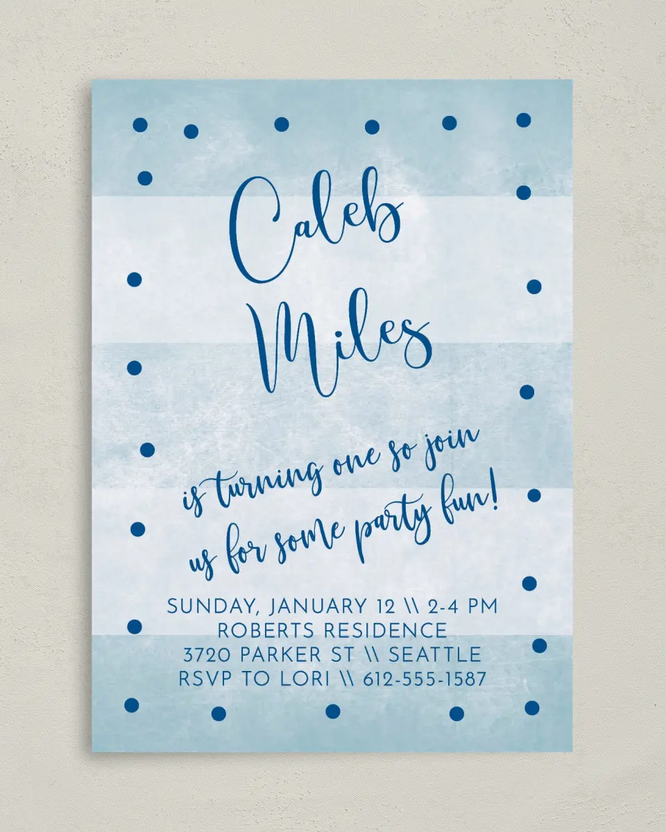 This is a 5" x 7" Birthday Party Invitation called Striped Wonder printed in full color on Premium Smooth paper