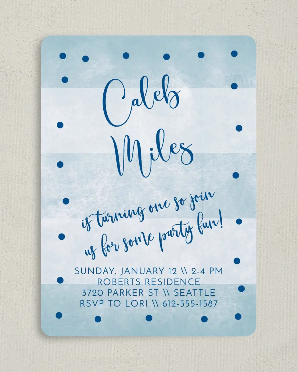 This is a 5" x 7" Birthday Party Invitation called Striped Wonder printed in full color on Premium Smooth paper