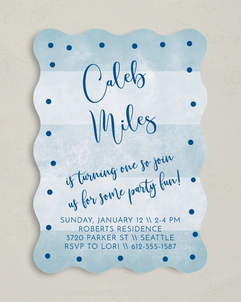 This is a 5" x 7" Birthday Party Invitation called Striped Wonder printed in full color on Premium Smooth paper