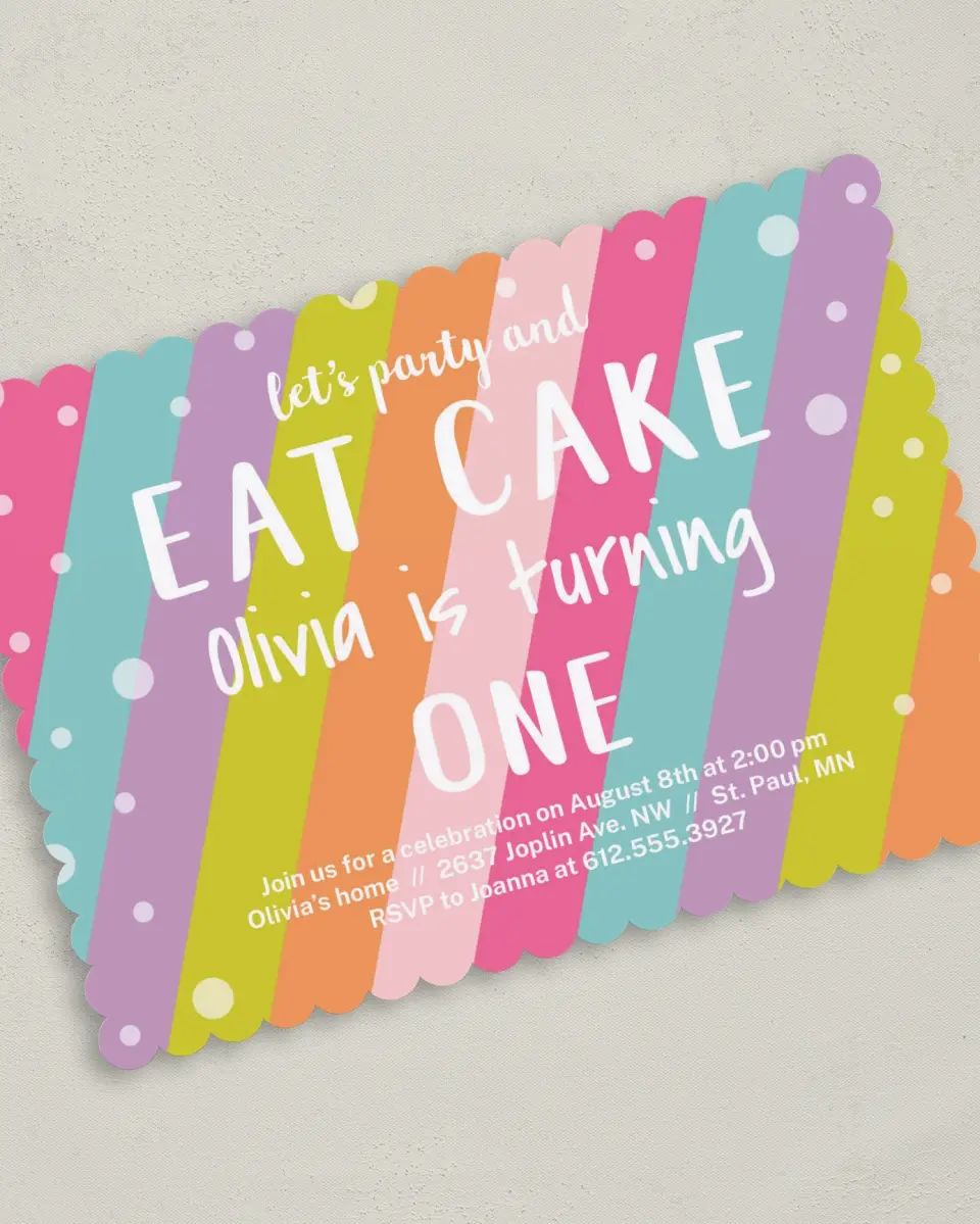 This is a 5" x 7" Birthday Party Invitation called There's Cake! printed in full color on Premium Smooth paper