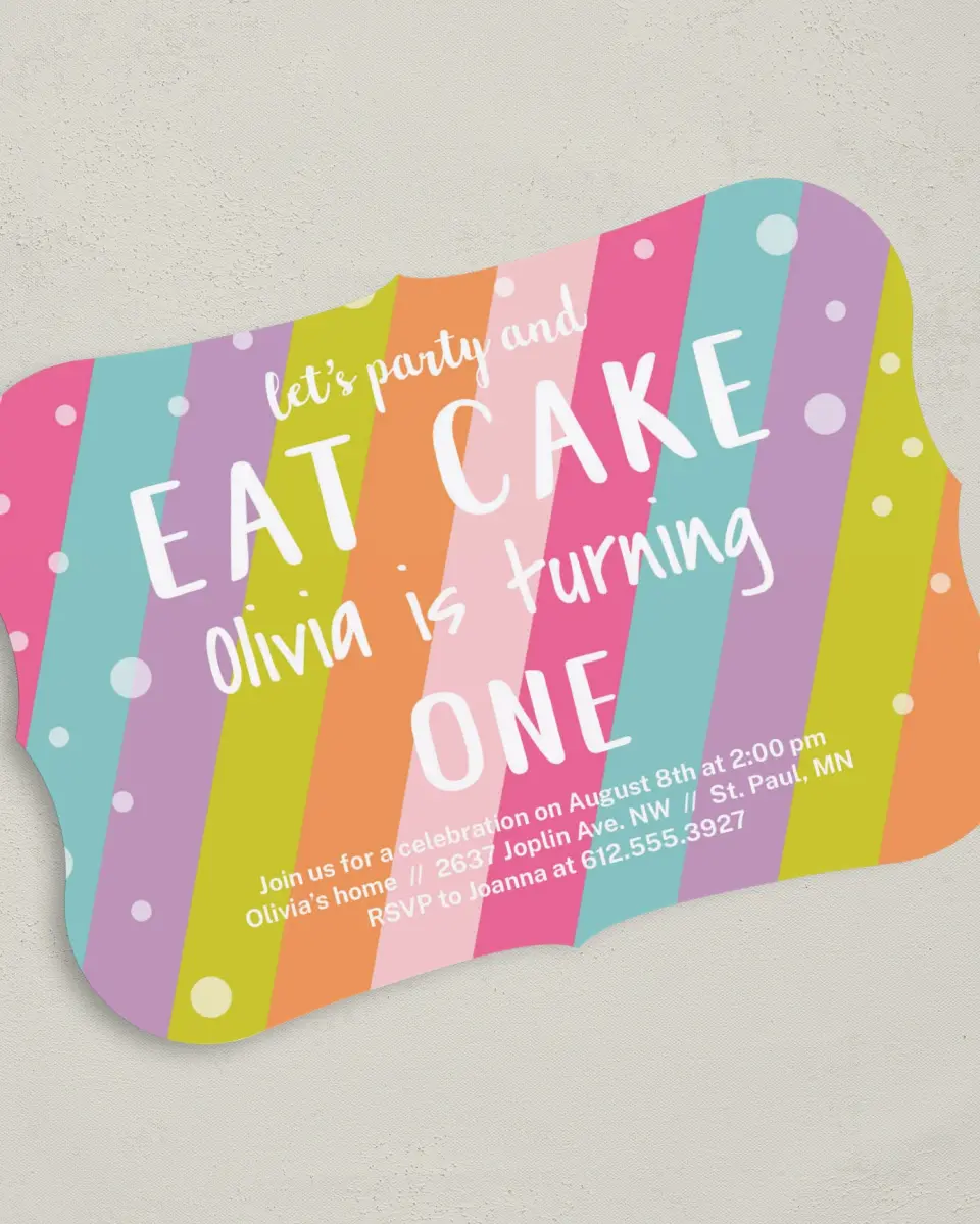 This is a 5" x 7" Birthday Party Invitation called There's Cake! printed in full color with Gold foil on Luxe Satin (coated) paper