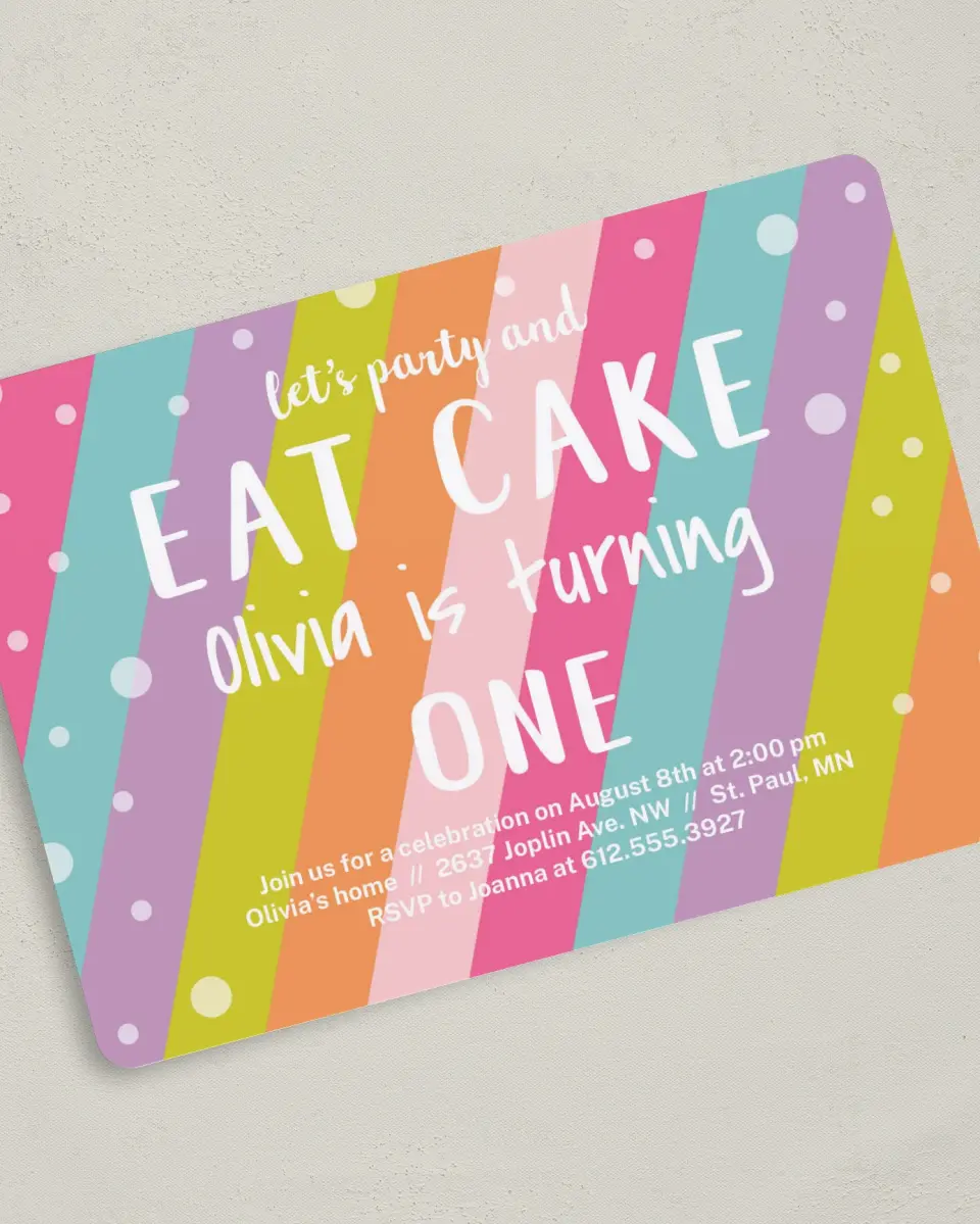 This is a 5" x 7" Birthday Party Invitation called There's Cake! printed in full color with Gold foil on Luxe Satin (coated) paper