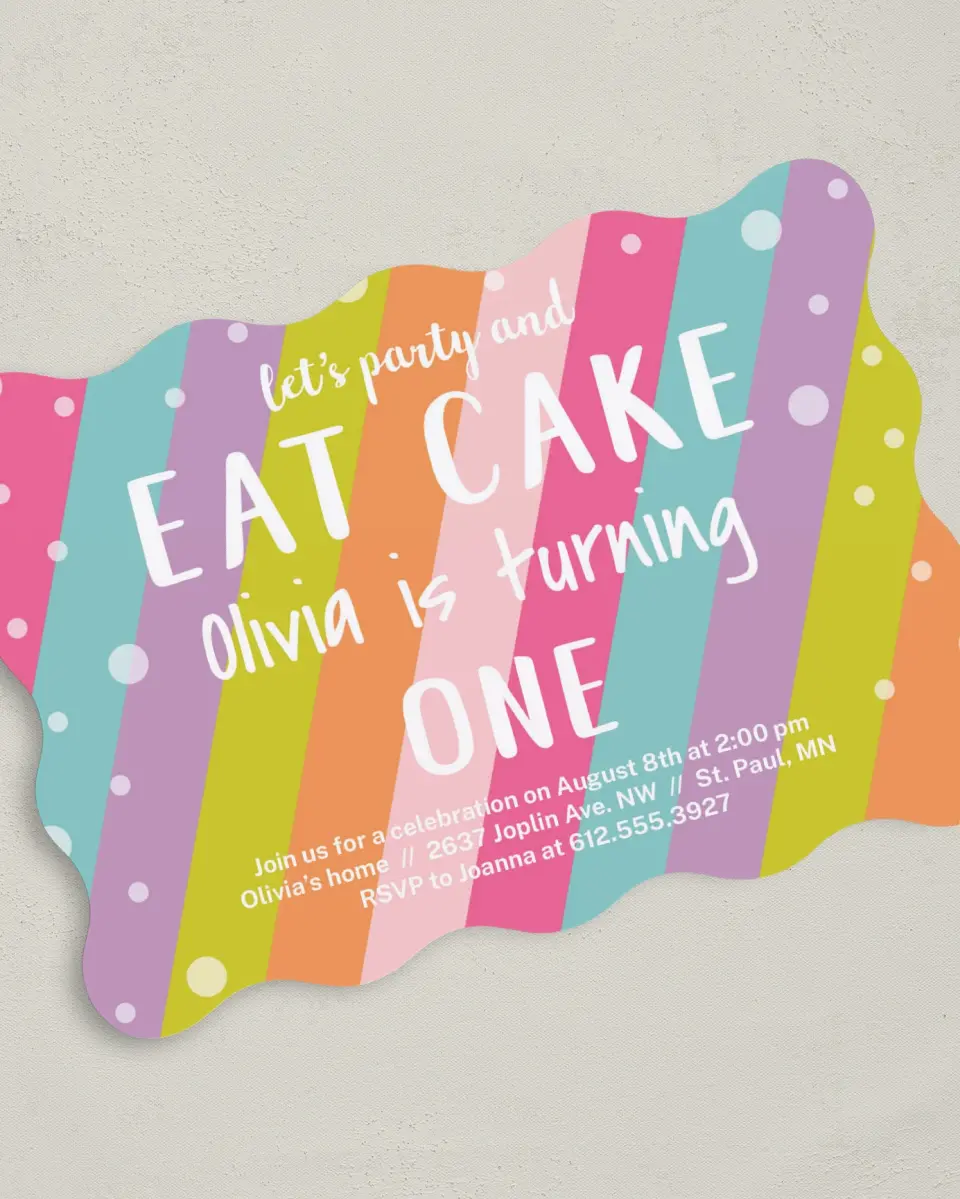 This is a 5" x 7" Birthday Party Invitation called There's Cake! printed in full color on Premium Smooth paper
