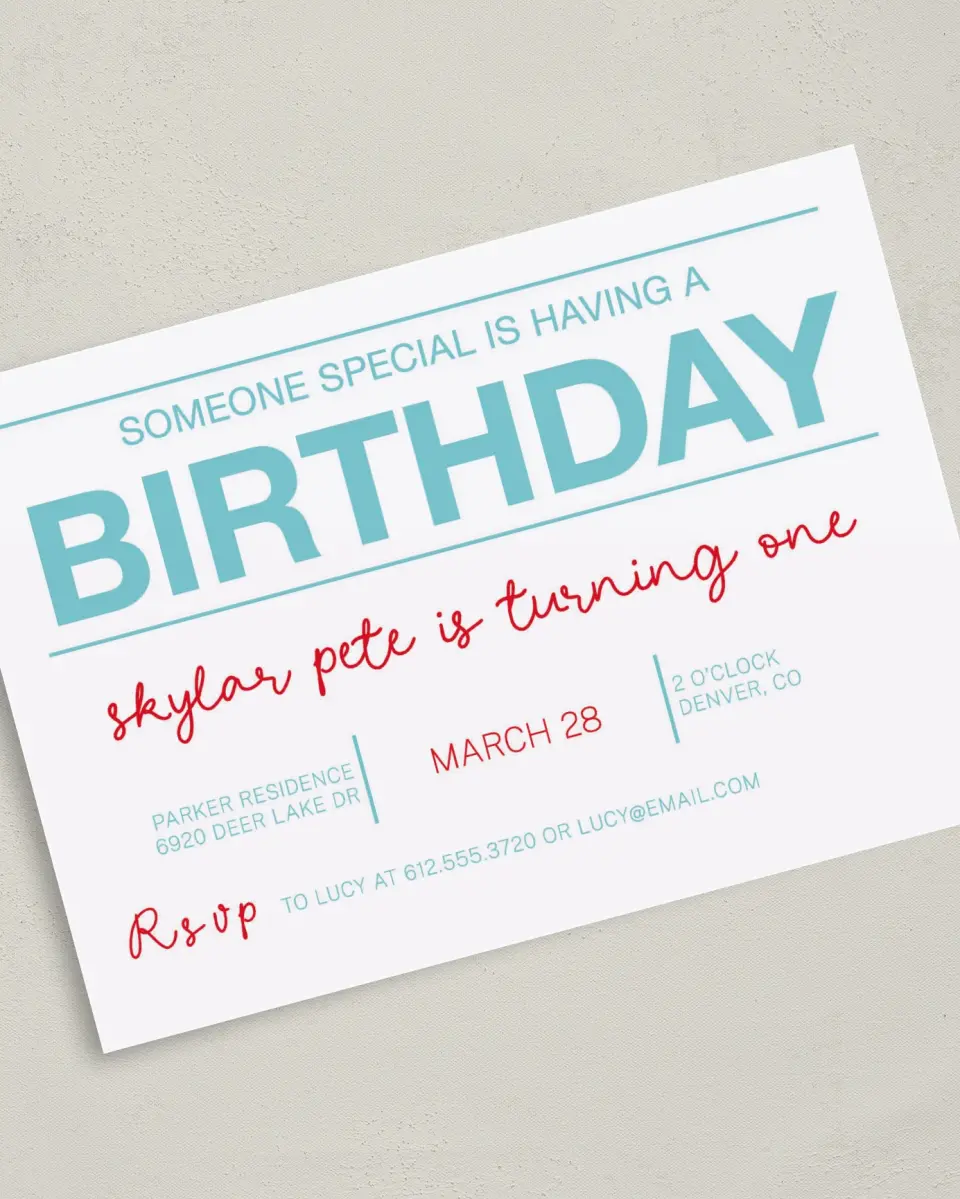 This is a 5" x 7" Birthday Party Invitation called One Special Day printed in full color on Premium Smooth paper
