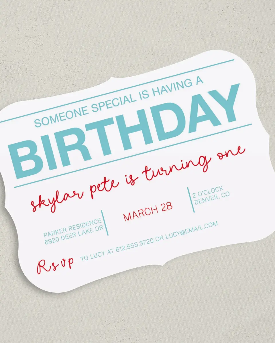 This is a 5" x 7" Birthday Party Invitation called One Special Day printed in full color with Gold foil on Luxe Satin (coated) paper