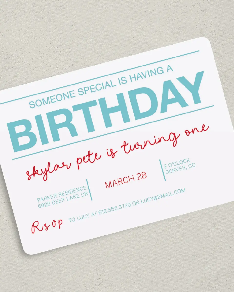 This is a 5" x 7" Birthday Party Invitation called One Special Day printed in full color on Premium Smooth paper