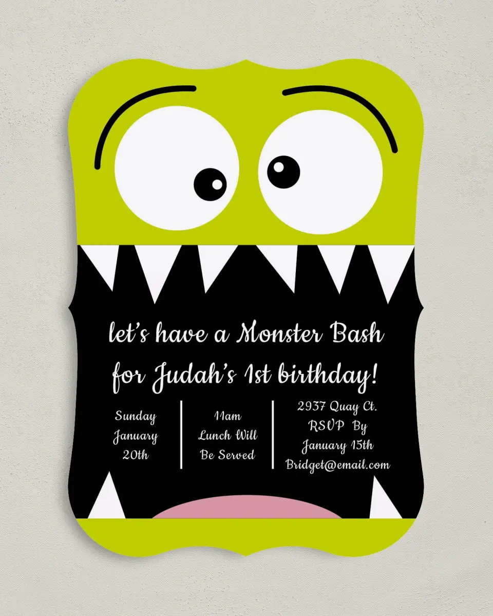 This is a 5" x 7" Birthday Party Invitation called Our Lil' Monster printed in full color with Gold foil on Luxe Satin (coated) paper