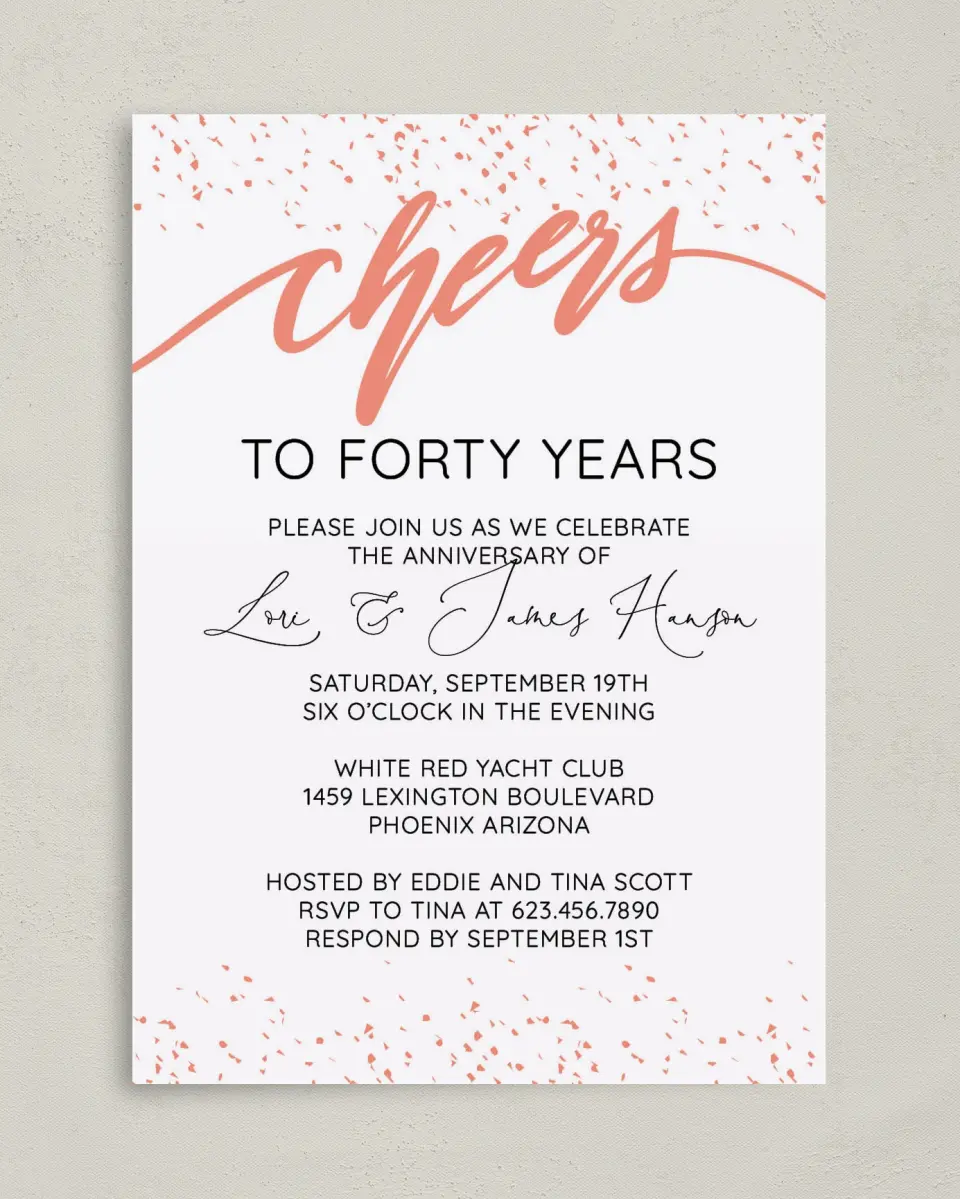 This is a 5" x 7" Anniversary Invitation called Cheers to Many Years! printed in full color with Silver foil on Luxe Satin (coated) paper