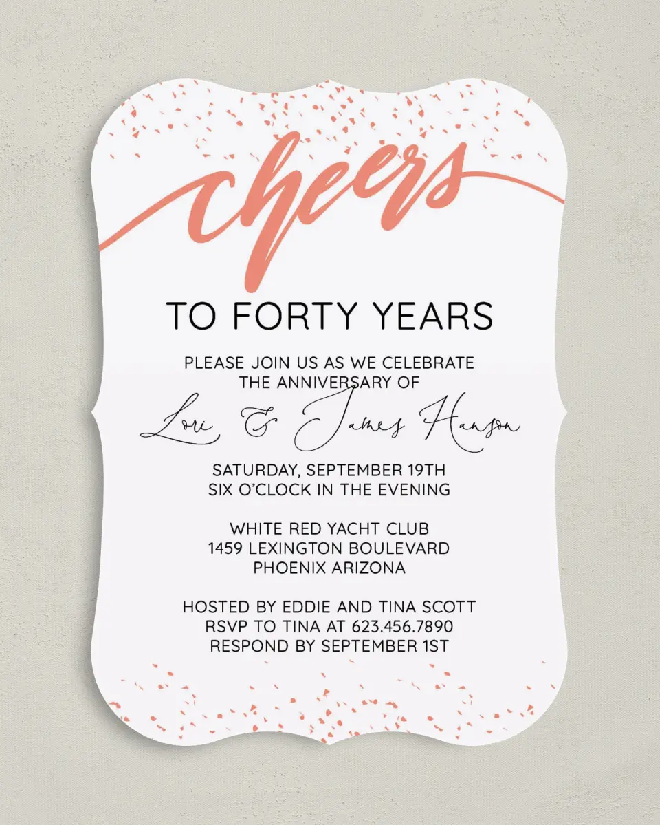 This is a 5" x 7" Anniversary Invitation called Cheers to Many Years! printed in full color on Premium Smooth paper