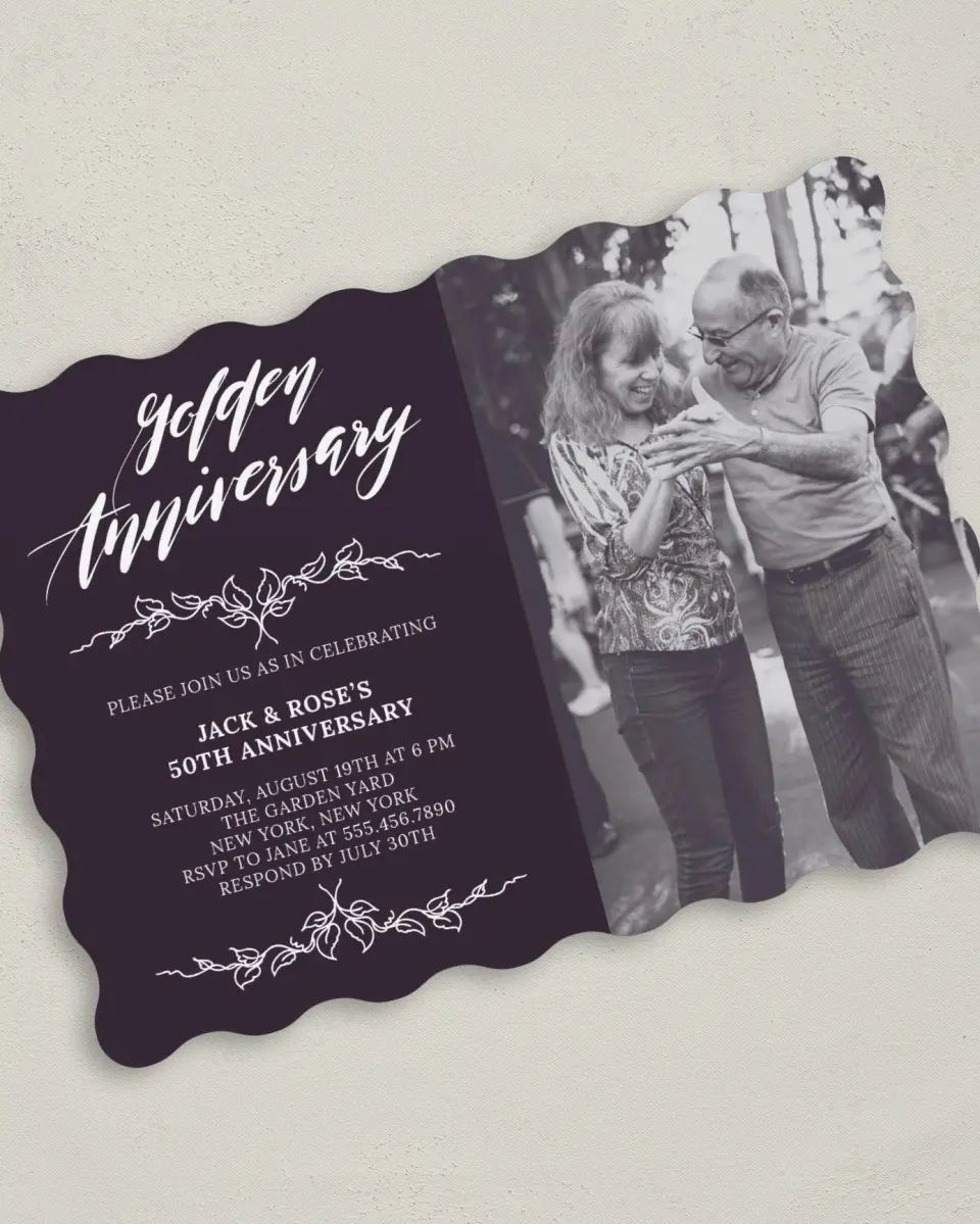 This is a 5" x 7" Anniversary Invitation called Shining Years printed in full color on Premium Smooth paper