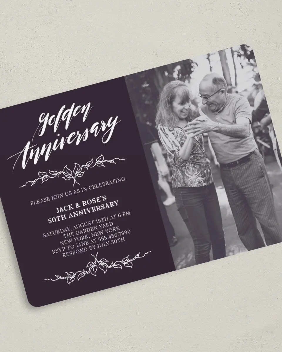 This is a 5" x 7" Anniversary Invitation called Shining Years printed in full color with Silver foil on Luxe Satin (coated) paper