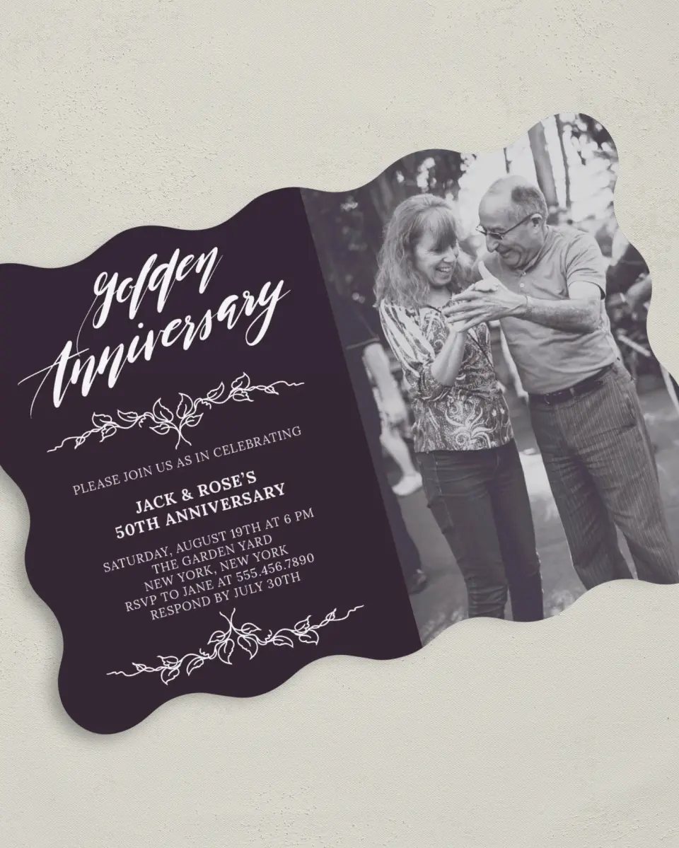 This is a 5" x 7" Anniversary Invitation called Shining Years printed in full color with Silver foil on Luxe Satin (coated) paper