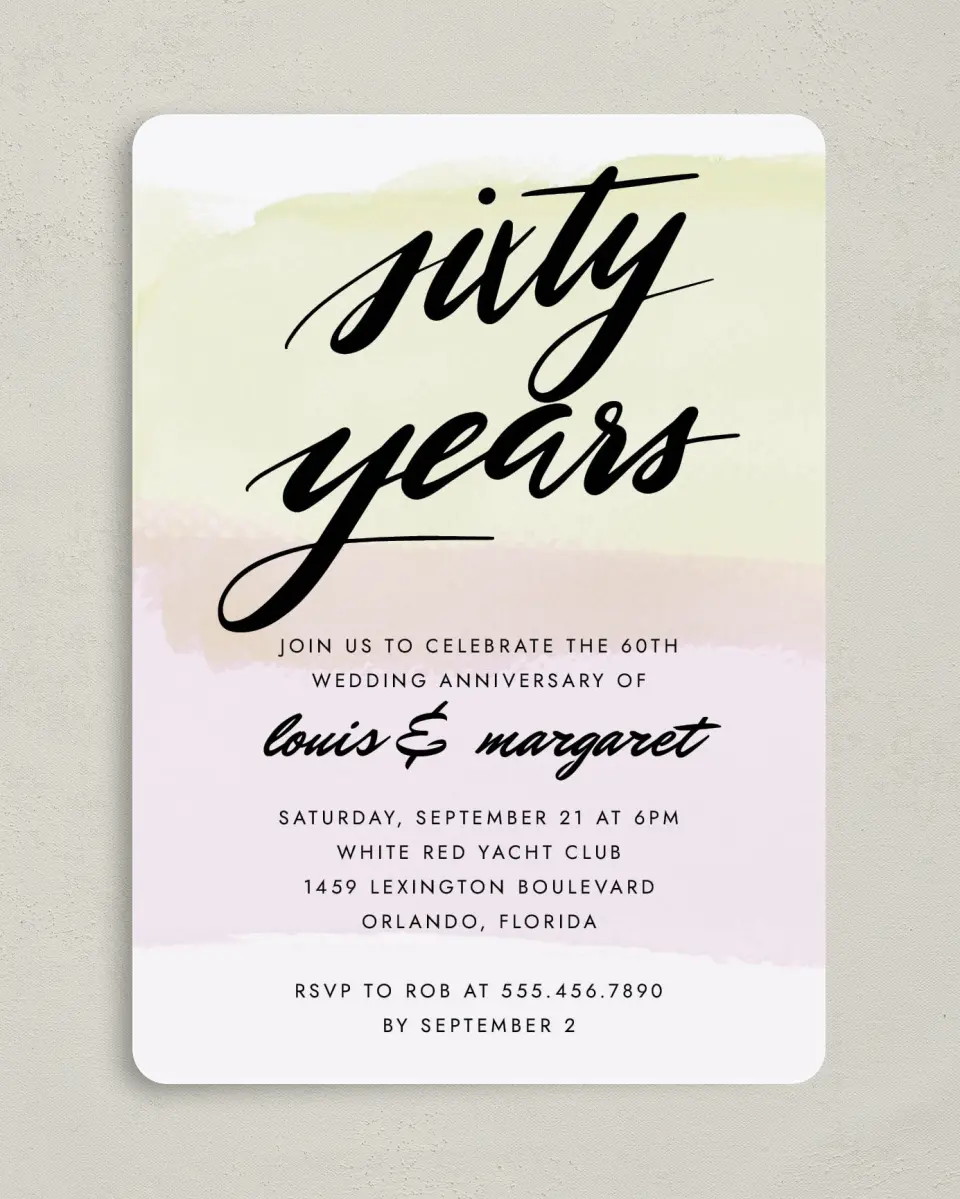 This is a 5" x 7" Anniversary Invitation called 60 Radiant Years printed in full color with Silver foil on Luxe Satin (coated) paper