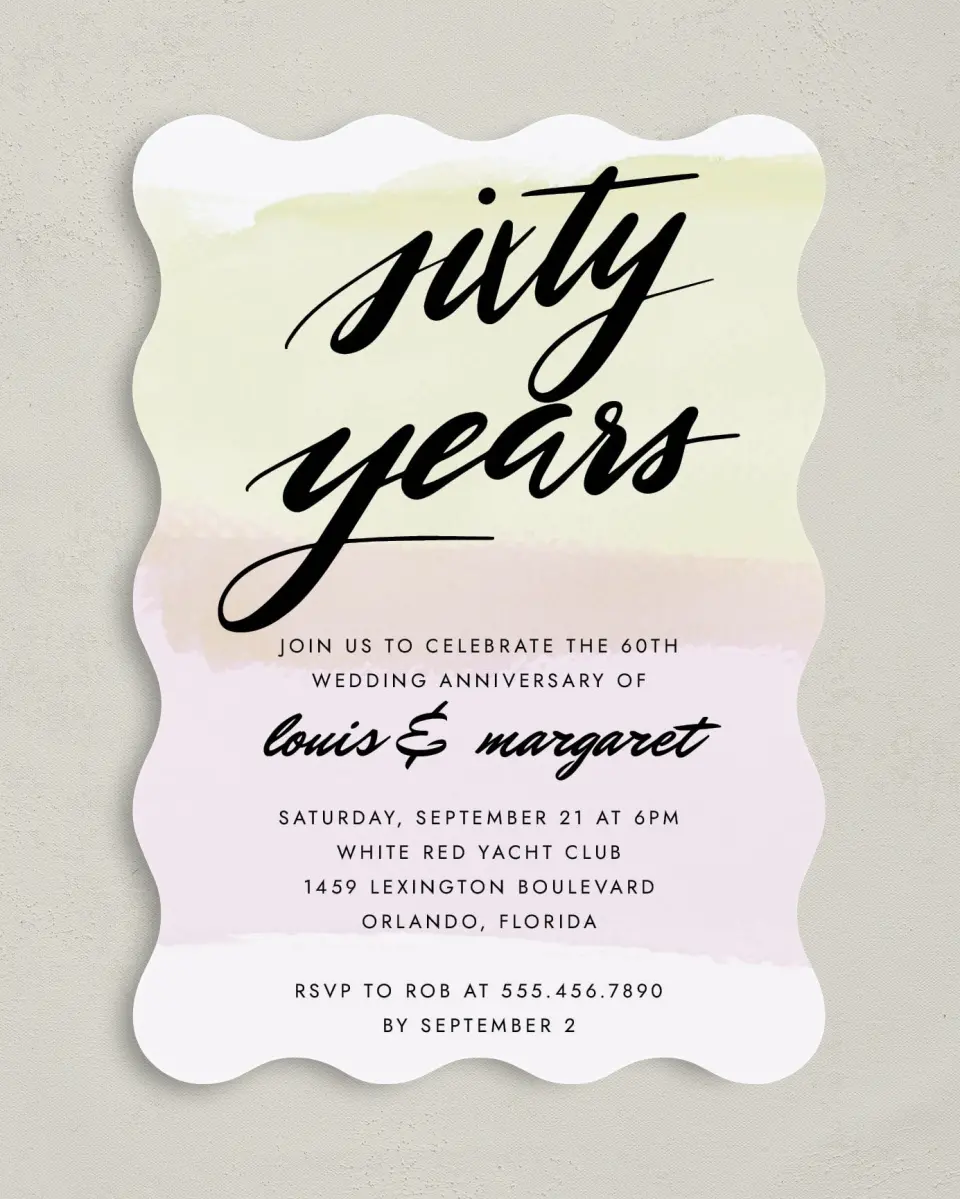This is a 5" x 7" Anniversary Invitation called 60 Radiant Years printed in full color on Premium Smooth paper