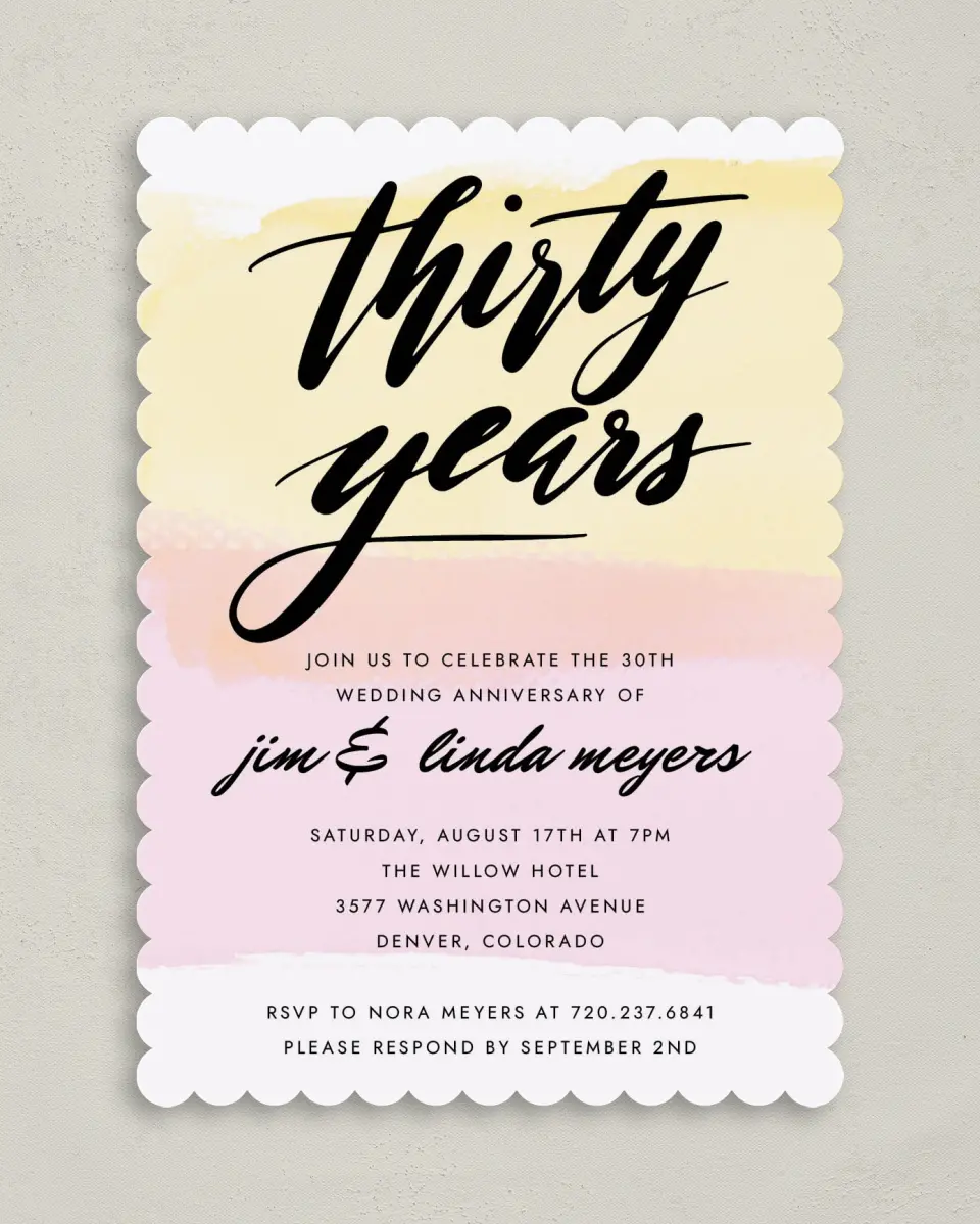 This is a 5" x 7" Anniversary Invitation called 30 Radiant Years printed in full color on Premium Smooth paper