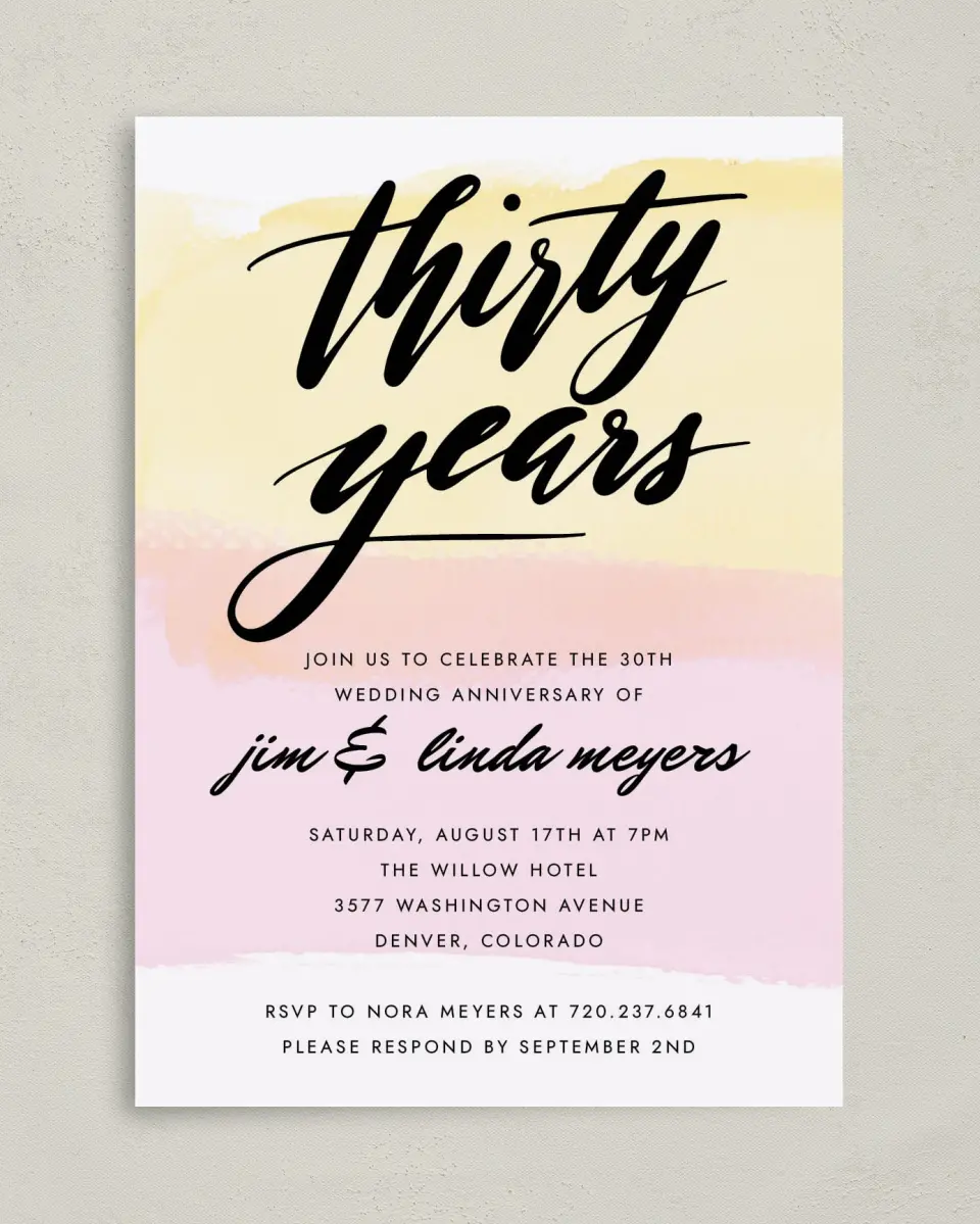 This is a 5" x 7" Anniversary Invitation called 30 Radiant Years printed in full color on Premium Smooth paper