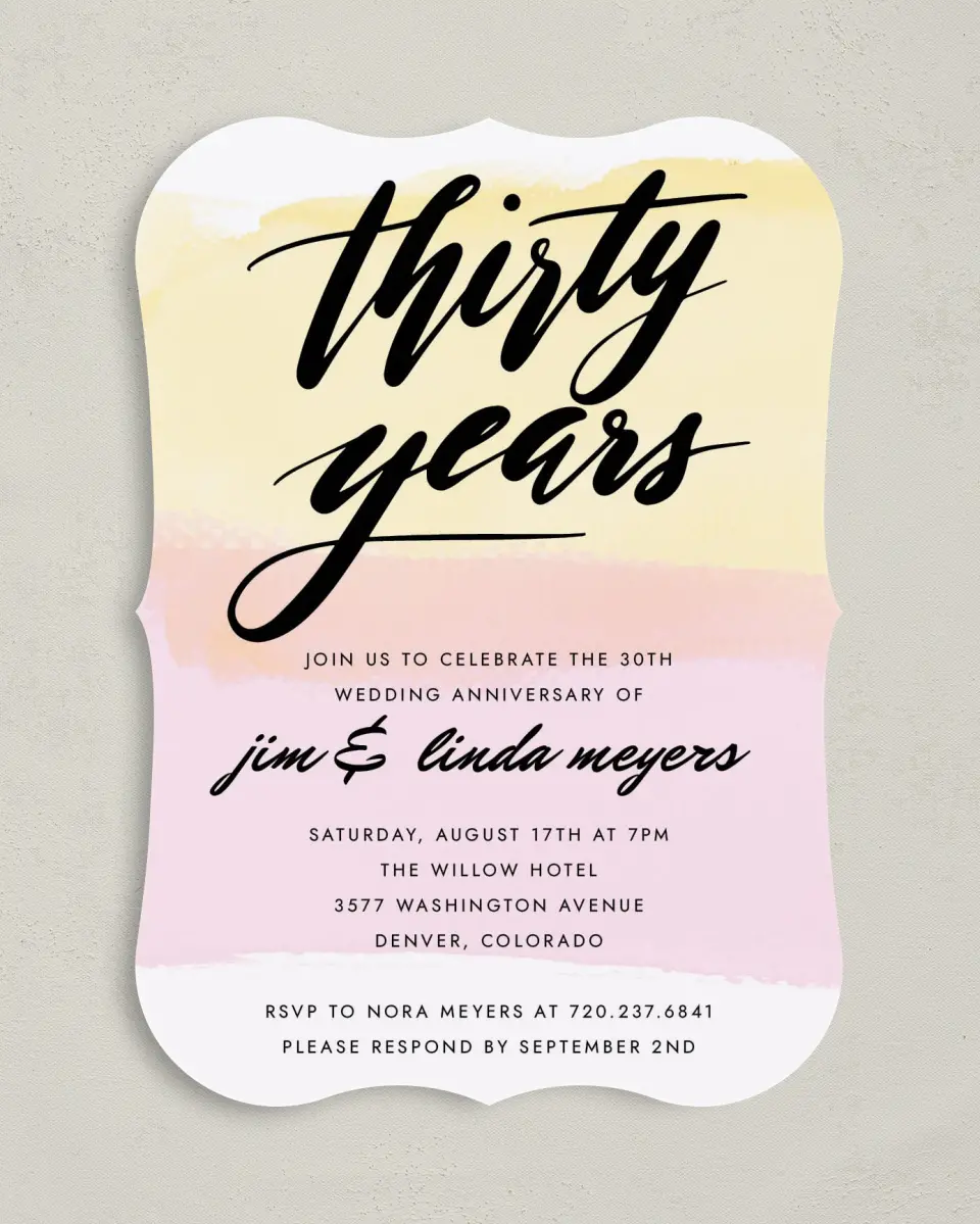 This is a 5" x 7" Anniversary Invitation called 30 Radiant Years printed in full color on Premium Smooth paper