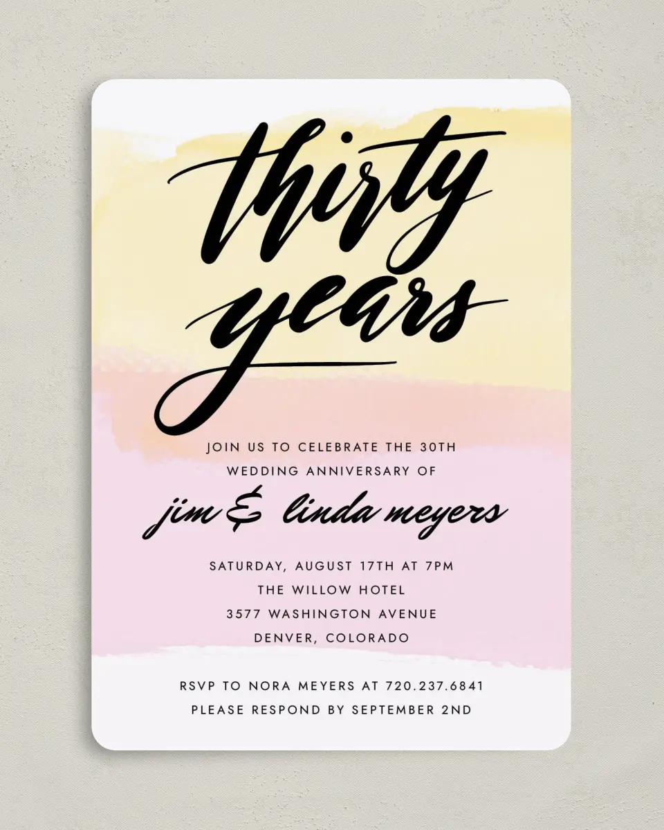 This is a 5" x 7" Anniversary Invitation called 30 Radiant Years printed in full color on Premium Smooth paper
