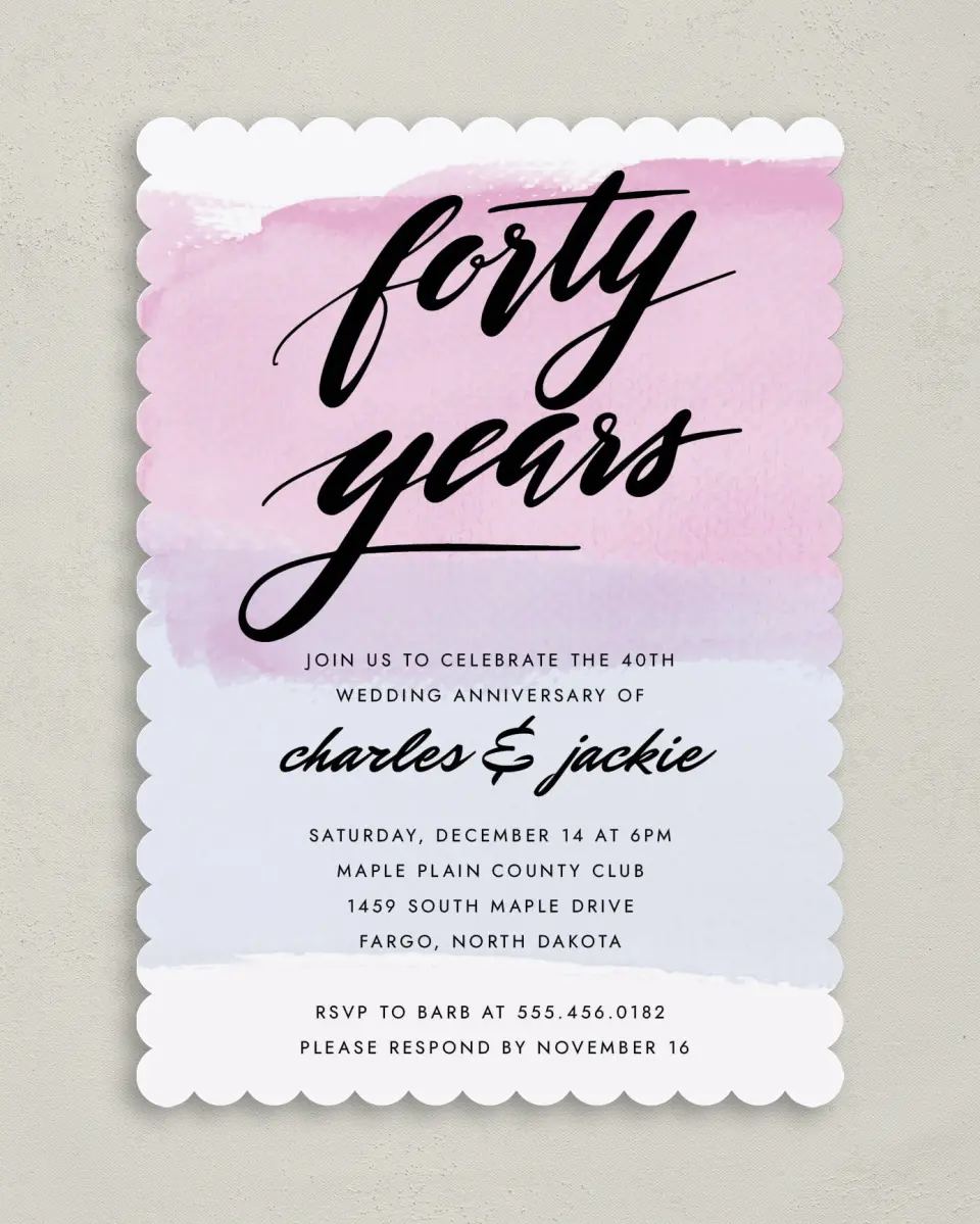 This is a 5" x 7" Anniversary Invitation called 40 Radiant Years printed in full color on Premium Smooth paper