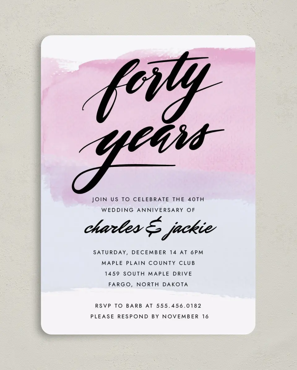 This is a 5" x 7" Anniversary Invitation called 40 Radiant Years printed in full color on Premium Smooth paper