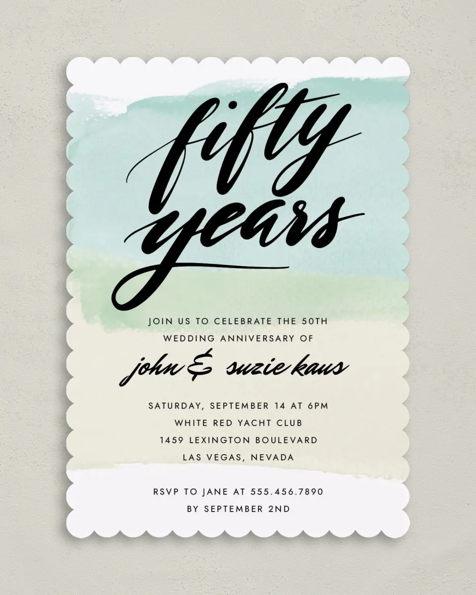 This is a 5" x 7" Anniversary Invitation called 50 Radiant Years printed in full color on Premium Smooth paper