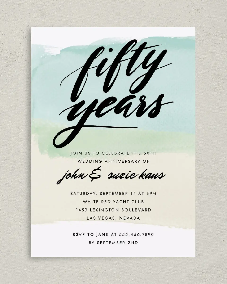This is a 5" x 7" Anniversary Invitation called 50 Radiant Years printed in full color on Premium Smooth paper