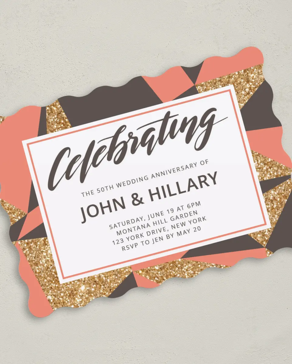 This is a 5" x 7" Anniversary Invitation called Geometric Gold printed in full color on Premium Smooth paper