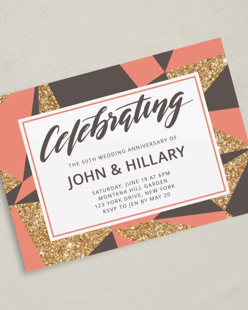 This is a 5" x 7" Anniversary Invitation called Geometric Gold printed in full color on Premium Smooth paper