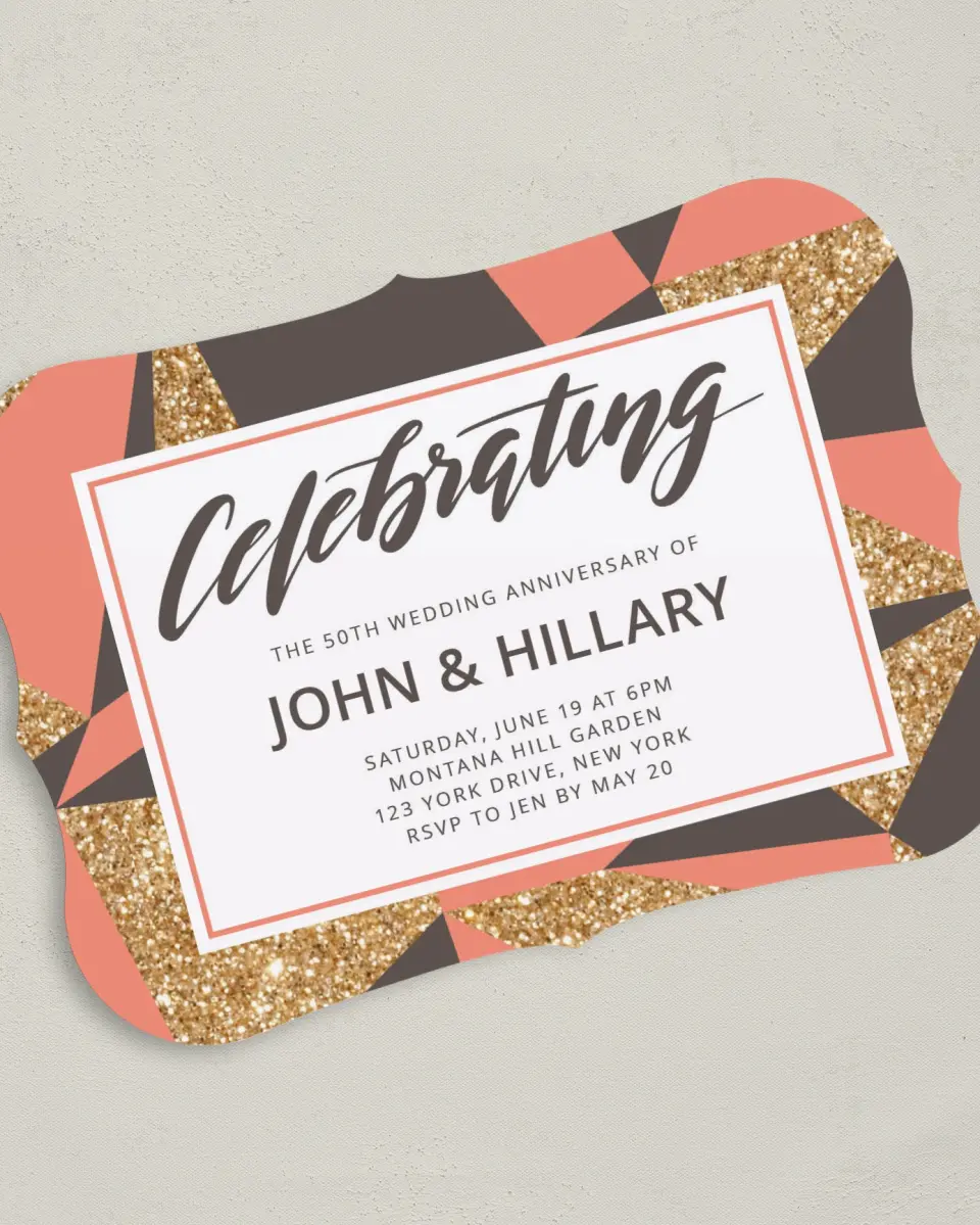 This is a 5" x 7" Anniversary Invitation called Geometric Gold printed in full color on Premium Smooth paper
