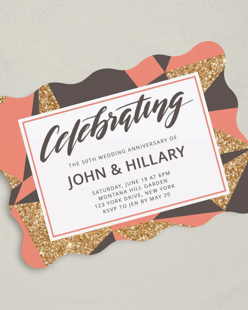 This is a 5" x 7" Anniversary Invitation called Geometric Gold printed in full color on Premium Smooth paper