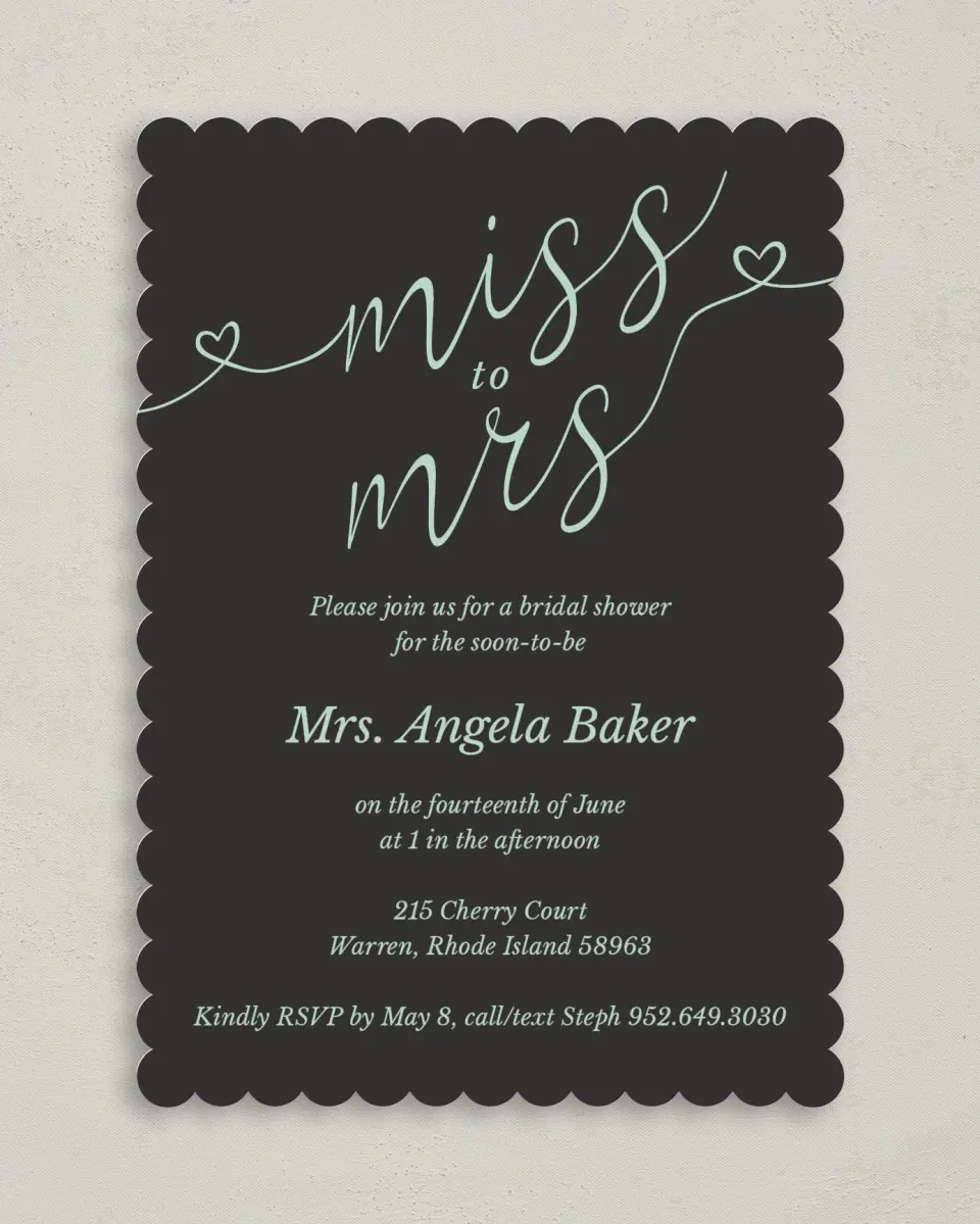 This is a 5" x 7" Bridal Shower Invitation called Soon To Be Mrs. printed in full color on Premium Smooth paper