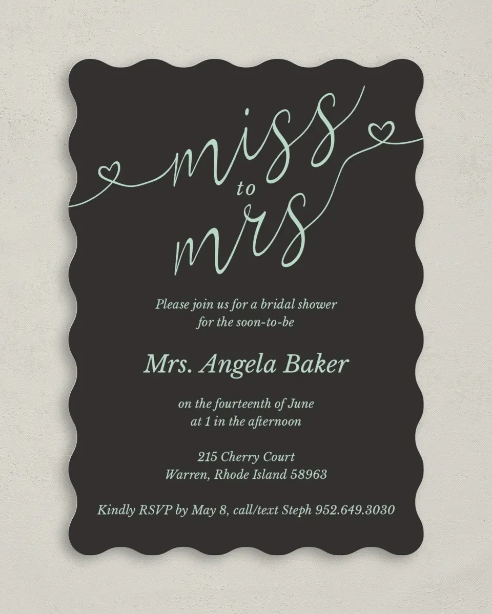This is a 5" x 7" Bridal Shower Invitation called Soon To Be Mrs. printed in full color on Premium Smooth paper