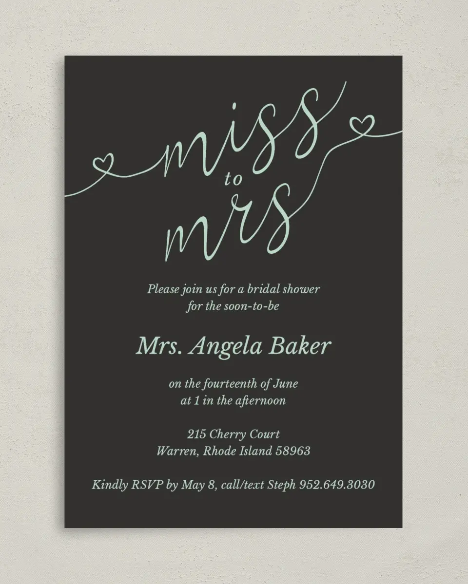 This is a 5" x 7" Bridal Shower Invitation called Soon To Be Mrs. printed in full color on Premium Smooth paper