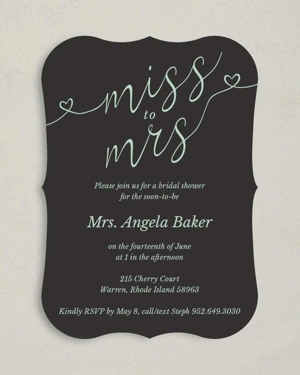 This is a 5" x 7" Bridal Shower Invitation called Soon To Be Mrs. printed in full color on Premium Smooth paper
