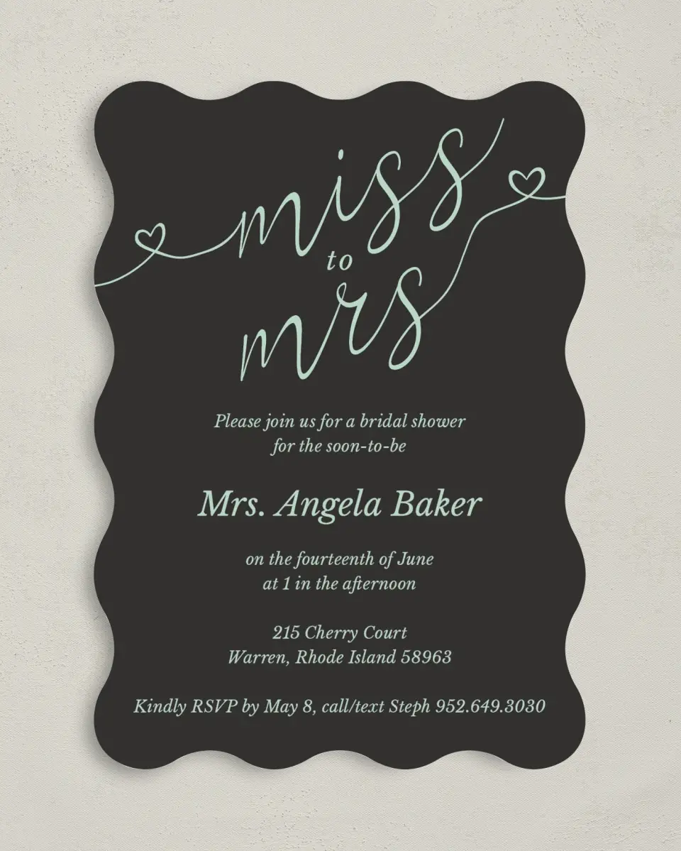This is a 5" x 7" Bridal Shower Invitation called Soon To Be Mrs. printed in full color on Premium Smooth paper