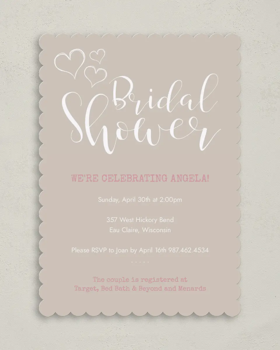 This is a 5" x 7" Bridal Shower Invitation called Heartfelt Wishes printed in full color on Premium Smooth paper