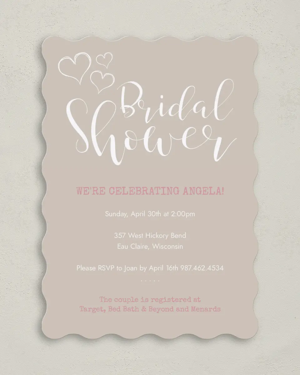 This is a 5" x 7" Bridal Shower Invitation called Heartfelt Wishes printed in full color on Premium Smooth paper
