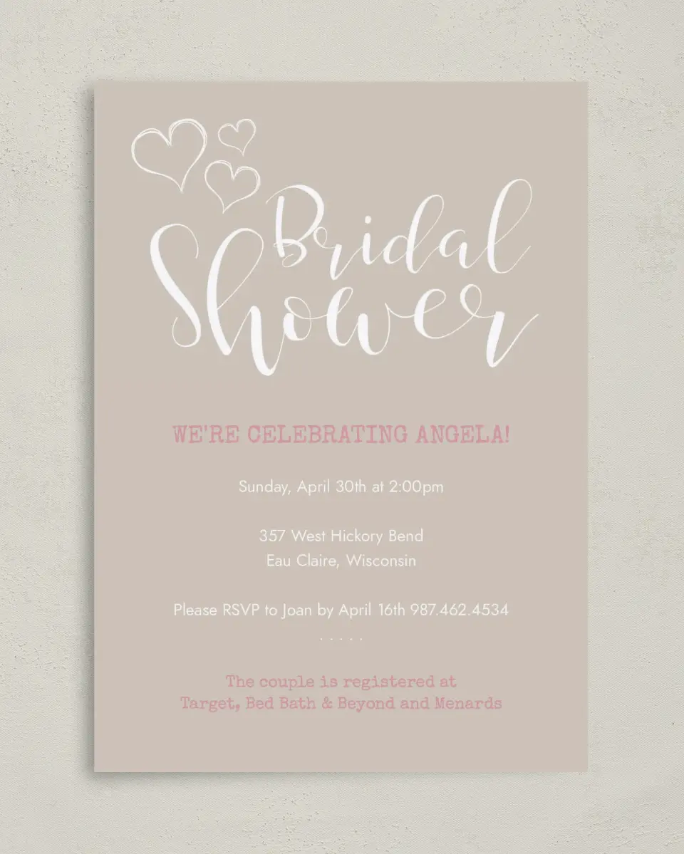 This is a 5" x 7" Bridal Shower Invitation called Heartfelt Wishes printed in full color on Premium Smooth paper