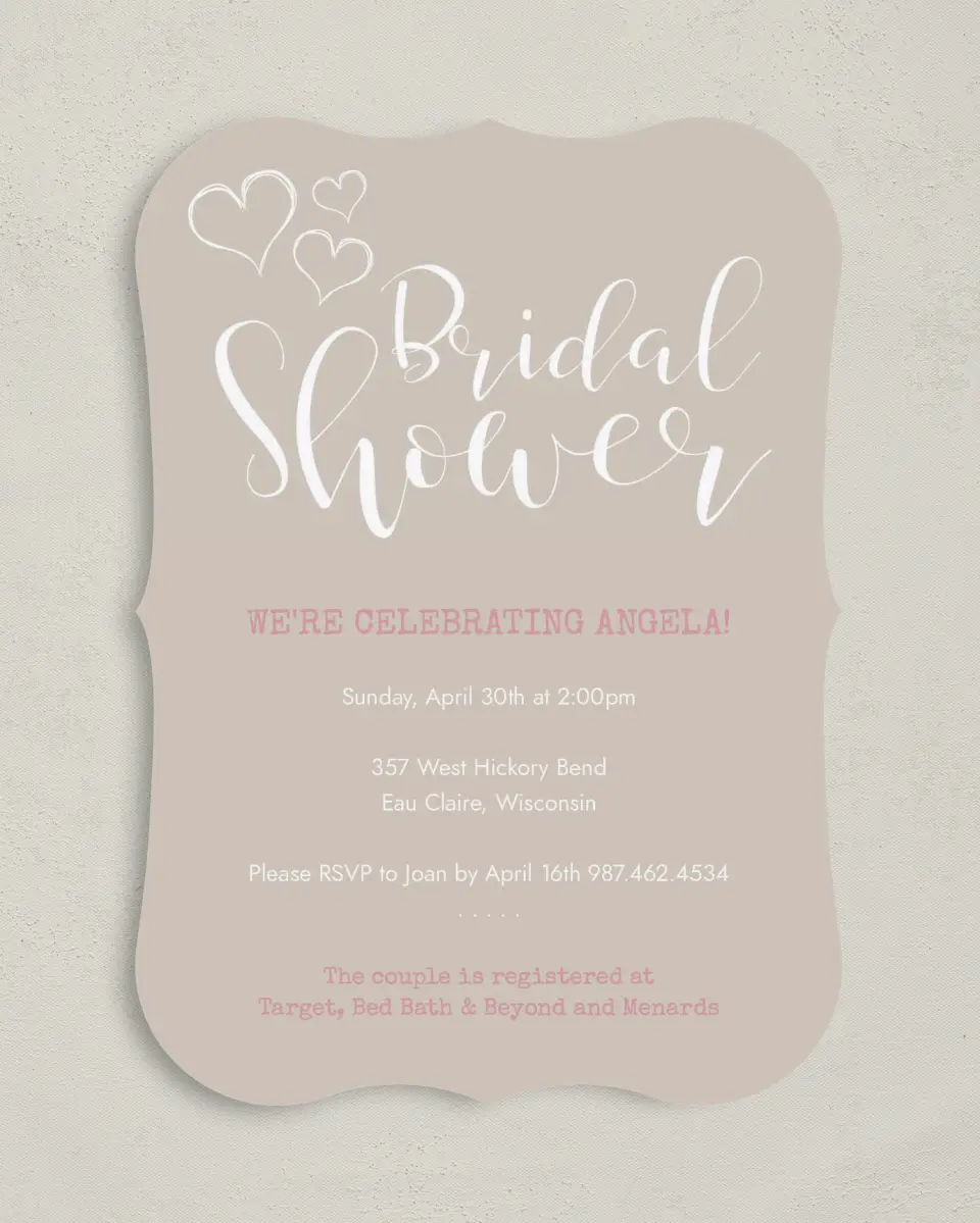 This is a 5" x 7" Bridal Shower Invitation called Heartfelt Wishes printed in full color on Premium Smooth paper