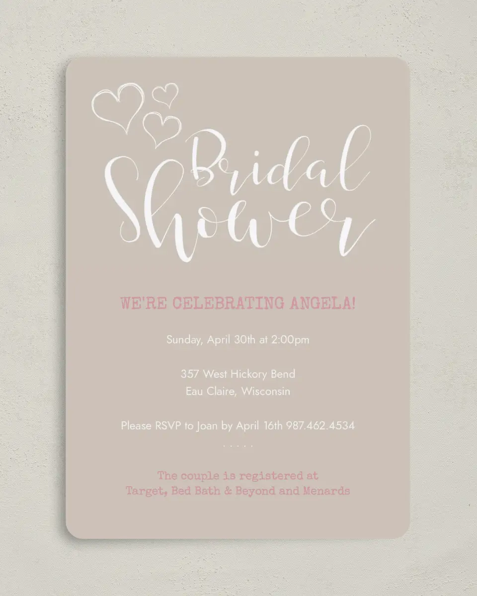 This is a 5" x 7" Bridal Shower Invitation called Heartfelt Wishes printed in full color on Premium Smooth paper