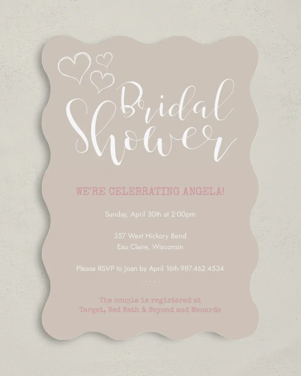 This is a 5" x 7" Bridal Shower Invitation called Heartfelt Wishes printed in full color with Gold foil on Luxe Satin (coated) paper