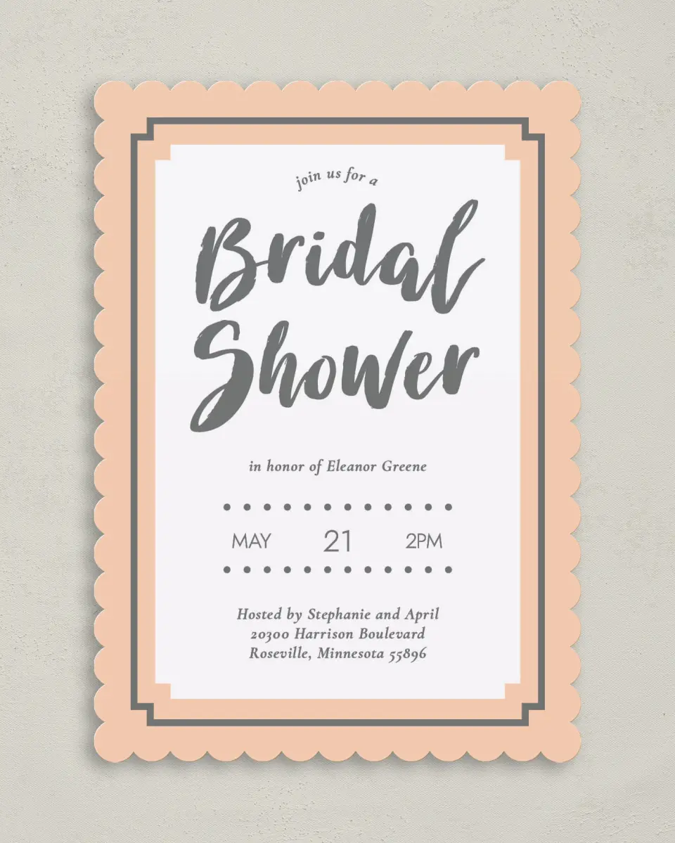 This is a 5" x 7" Bridal Shower Invitation called Framed Attention printed in full color on Premium Smooth paper