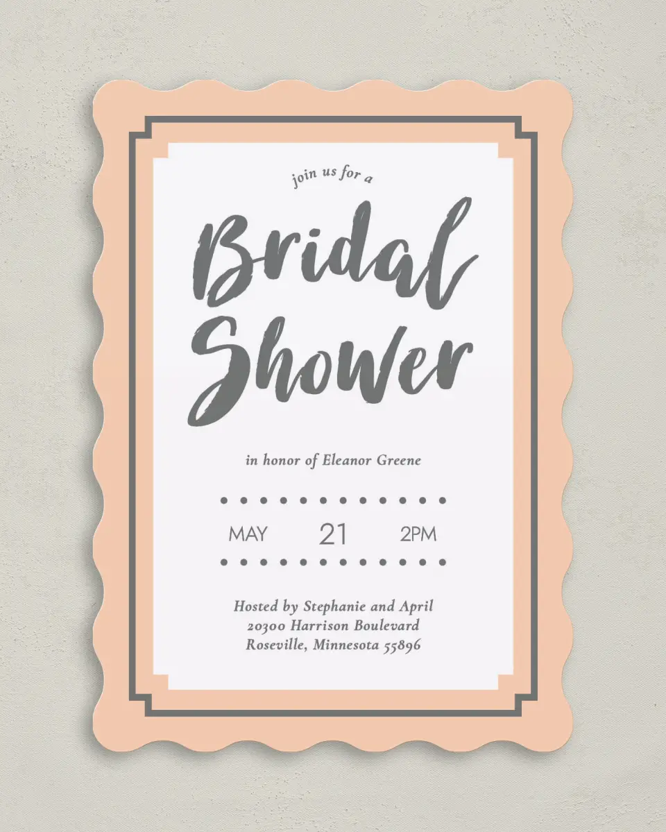 This is a 5" x 7" Bridal Shower Invitation called Framed Attention printed in full color on Premium Smooth paper