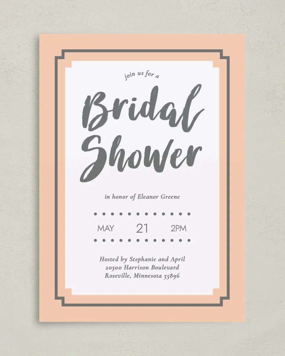 This is a 5" x 7" Bridal Shower Invitation called Framed Attention printed in full color on Premium Smooth paper
