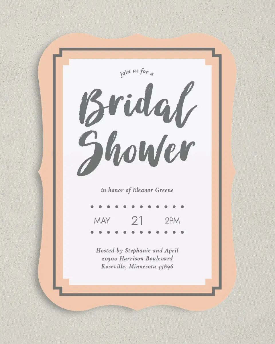 This is a 5" x 7" Bridal Shower Invitation called Framed Attention printed in full color with Gold foil on Luxe Satin (coated) paper