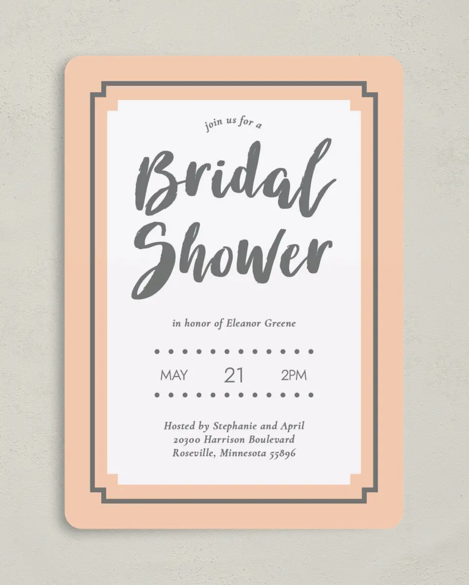 This is a 5" x 7" Bridal Shower Invitation called Framed Attention printed in full color with Silver foil on Luxe Satin (coated) paper
